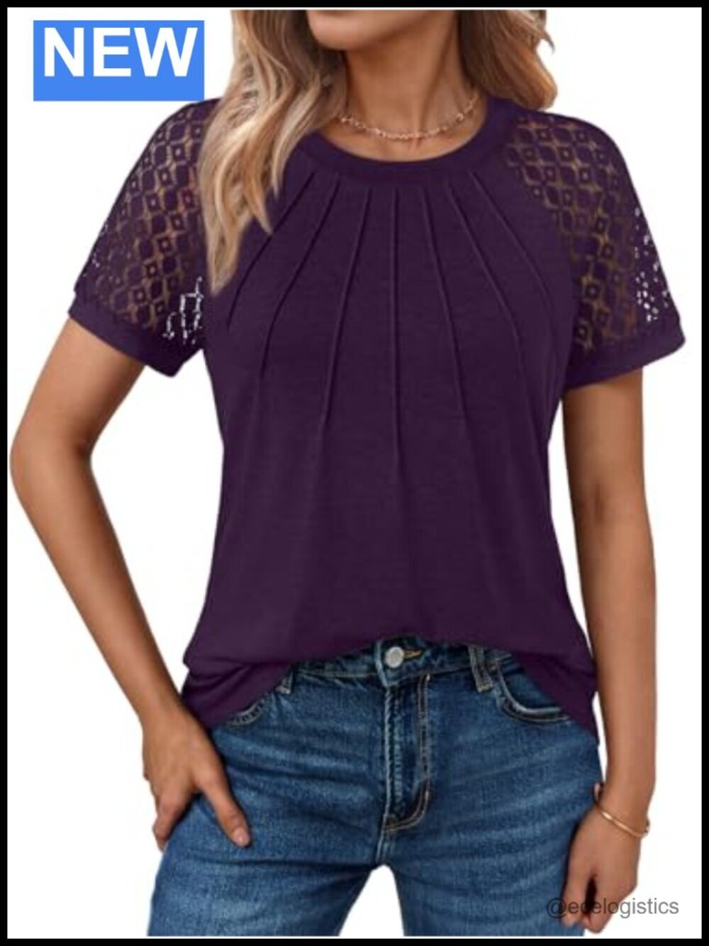 Lace Short Sleeve Blouse with Pleated Detail Business Casual Office Work Top